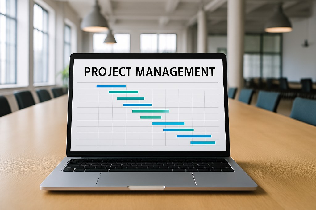 Project management template on a laptop.