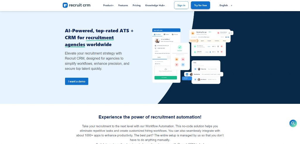 Recruit CRM's homepage.