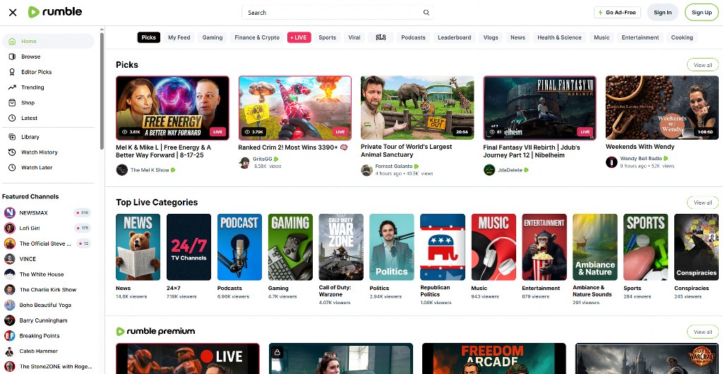 Rumble's homepage.