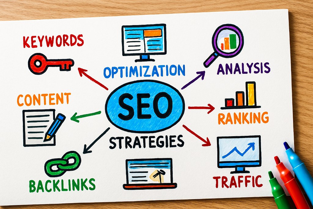 SEO strategies on a piece of paper.