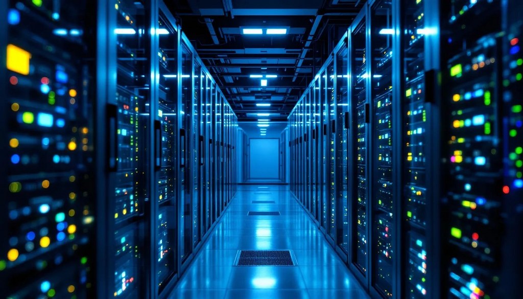 Brightly lit corridor inside a data center, lined with illuminated server racks on both sides showcasing blinking lights and cables.