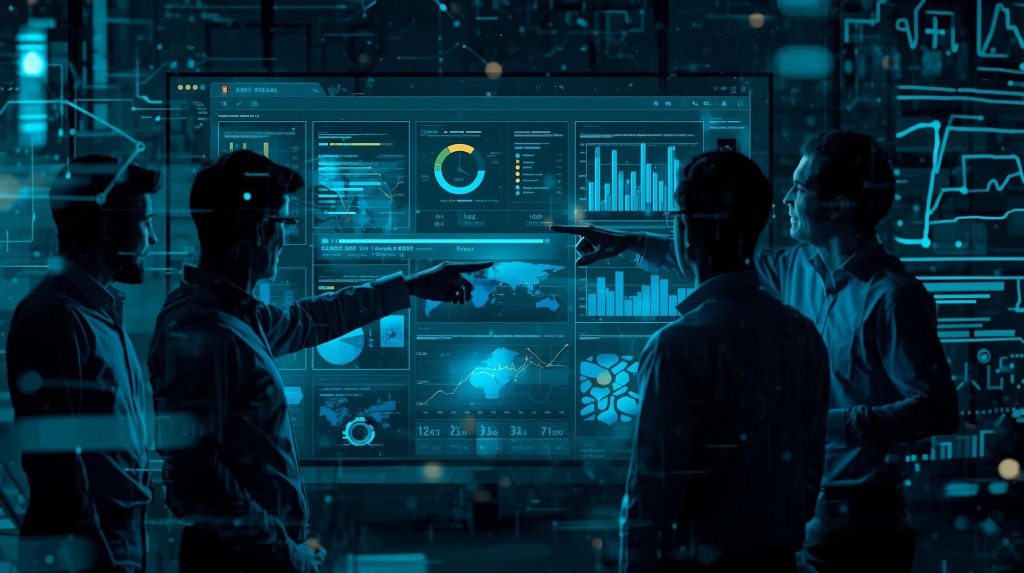Several engineers are gathered around a large digital dashboard.