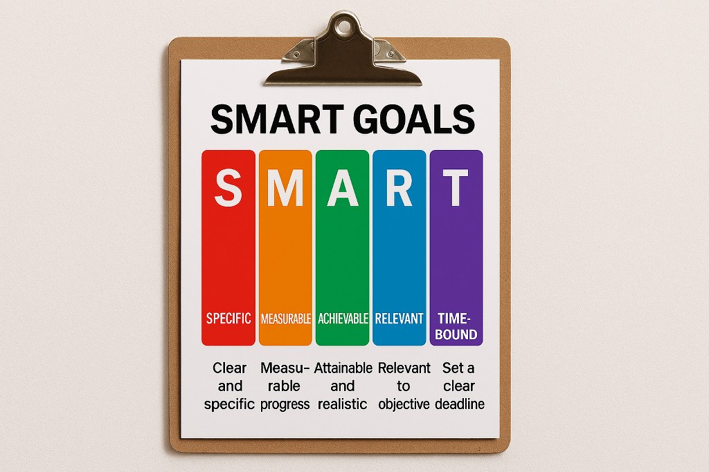 Smart goals illustration on a clipboard.