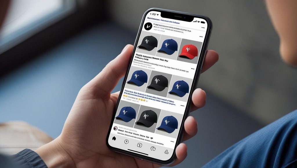 Smartphone showcasing Business page selling caps.