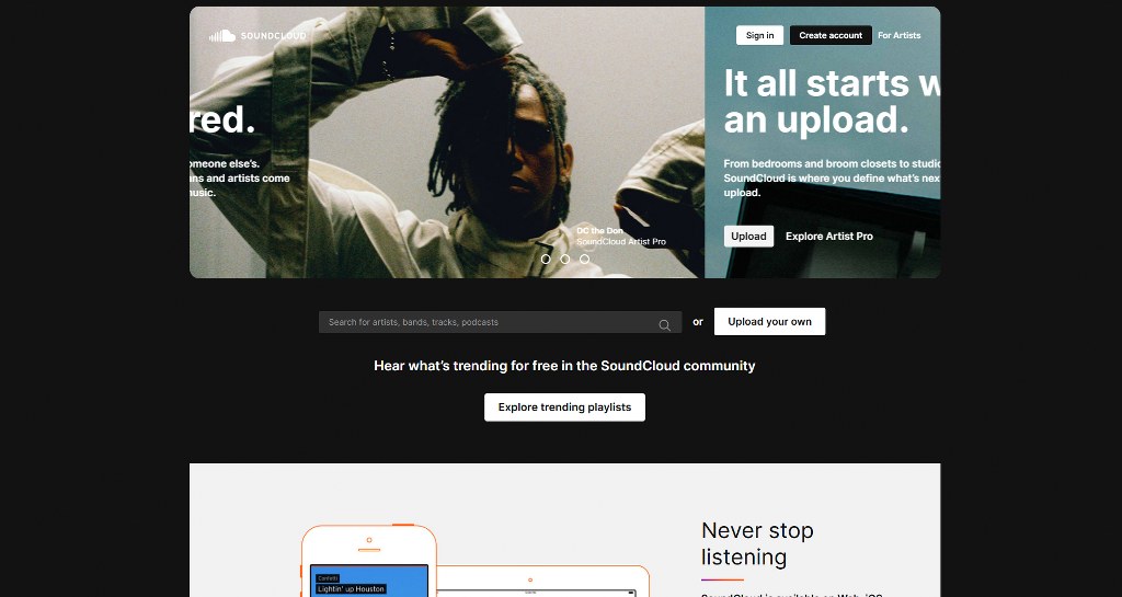 SoundCloud's website homepage.