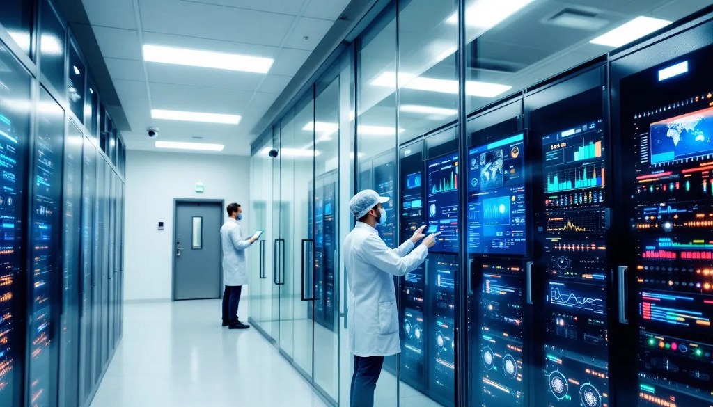 Two technicians in lab coats and masks working inside a modern data center, interacting with large server racks and digital dashboards showing system performance data.