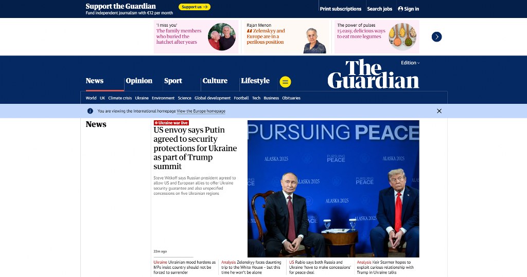 The Guardian's website homepage.