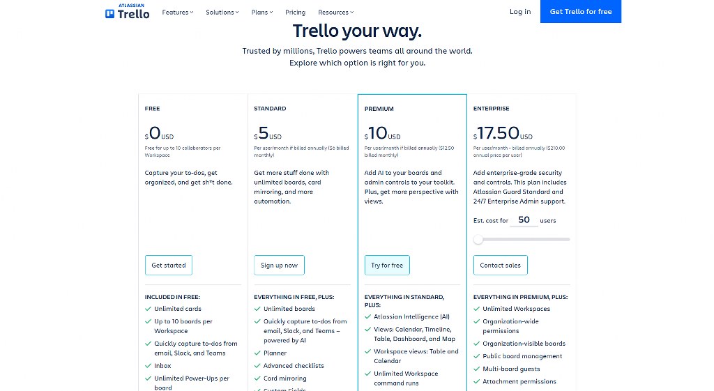 Trello's pricing page.