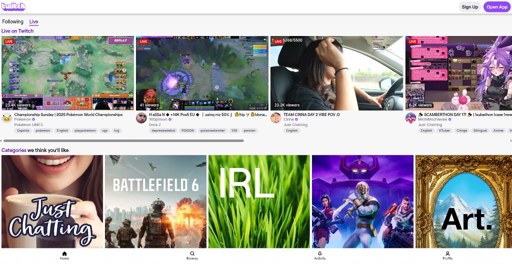 Twitch website homepage.
