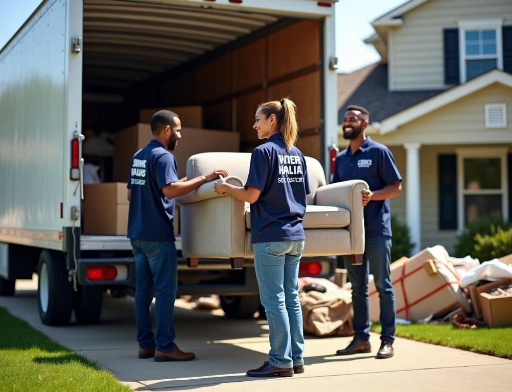 Two diverse junk removal workers in uniform load an old couch onto their company truck in a suburban driveway.