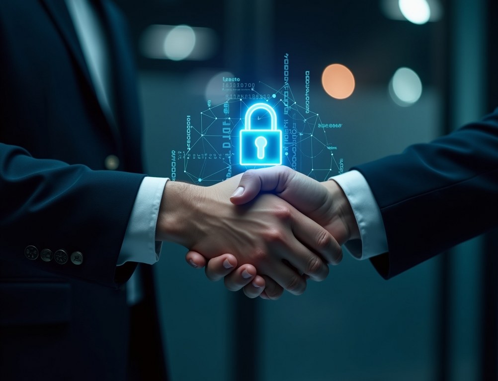 Two hands shake over a holographic interface showing a secure padlock, symbolizing a data security agreement.