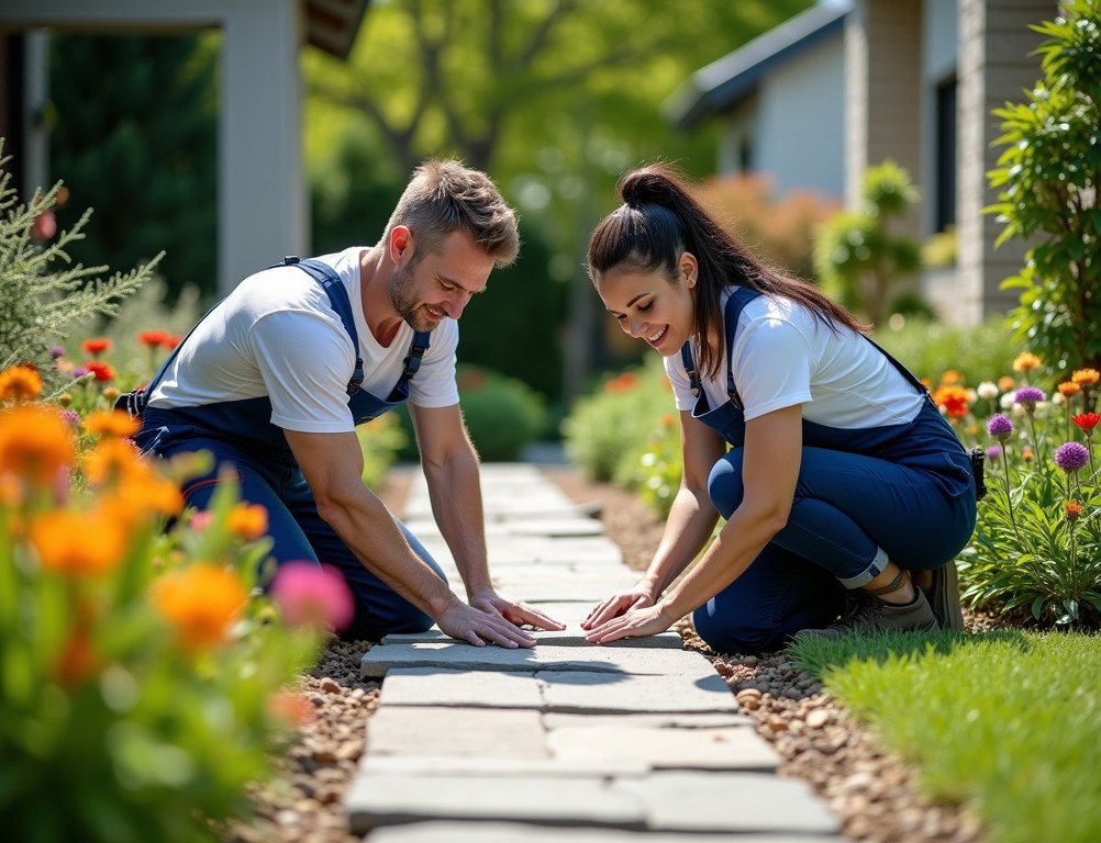 Two professional landscapers work together to build a stone path in a beautiful garden.