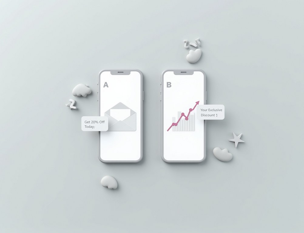 Two smartphones side-by-side showing an A/B test of different email subject lines.
