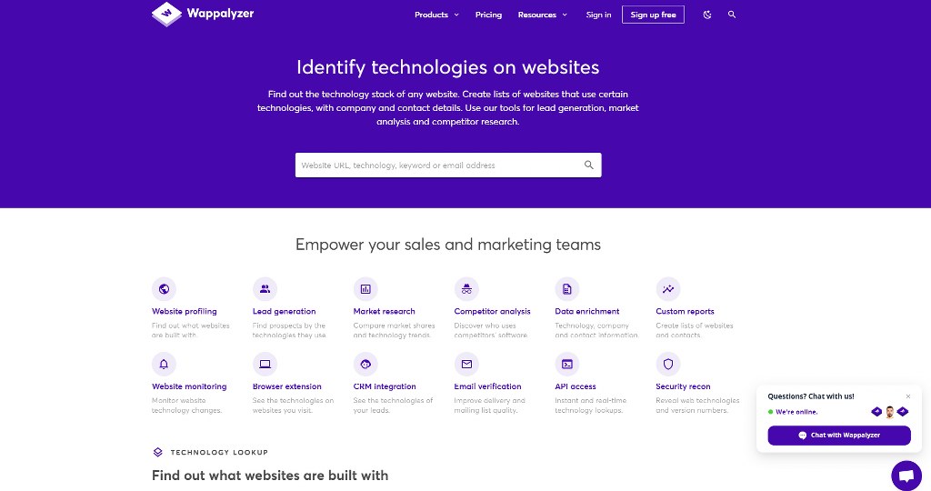 Wappalyzer's website homepage.