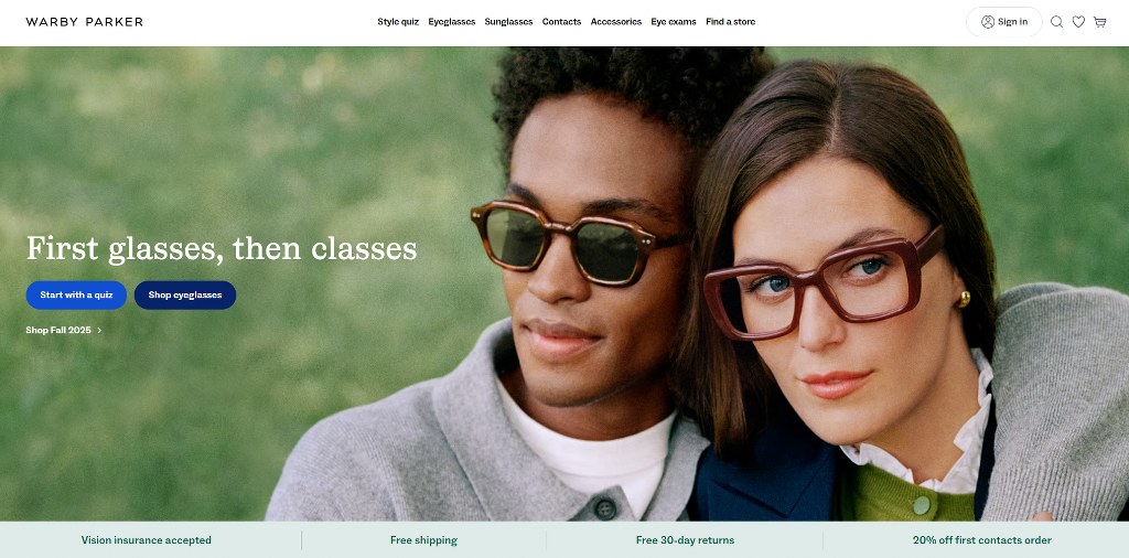 Warby Parker's website homepage.