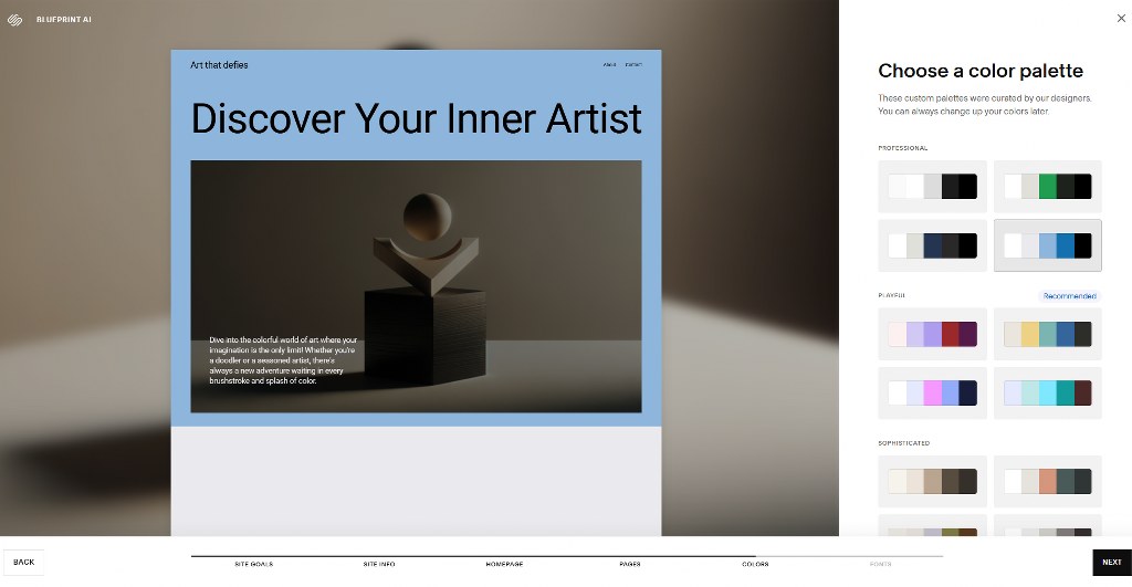 Website color picker on Blueprint AI webpage.