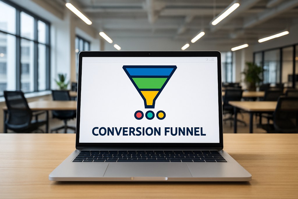 Website conversion funnel on a laptop.