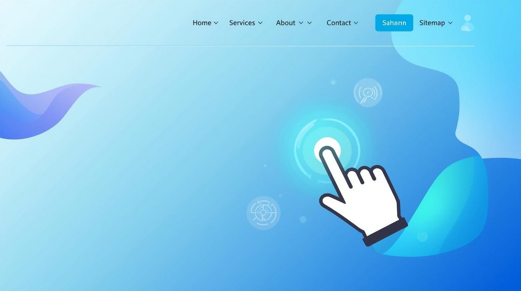 Website mockup shows a clean header menu with highlighted sections.