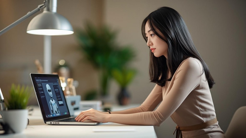 Woman engaging with AI chatbot.