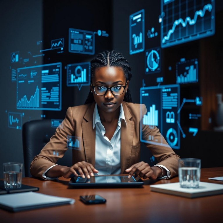 Woman infront of holographic interface filled with various data visualizations.