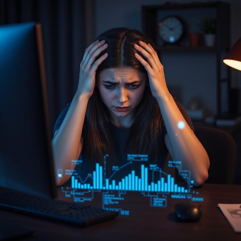 Woman overwhelmed looking at laptop.