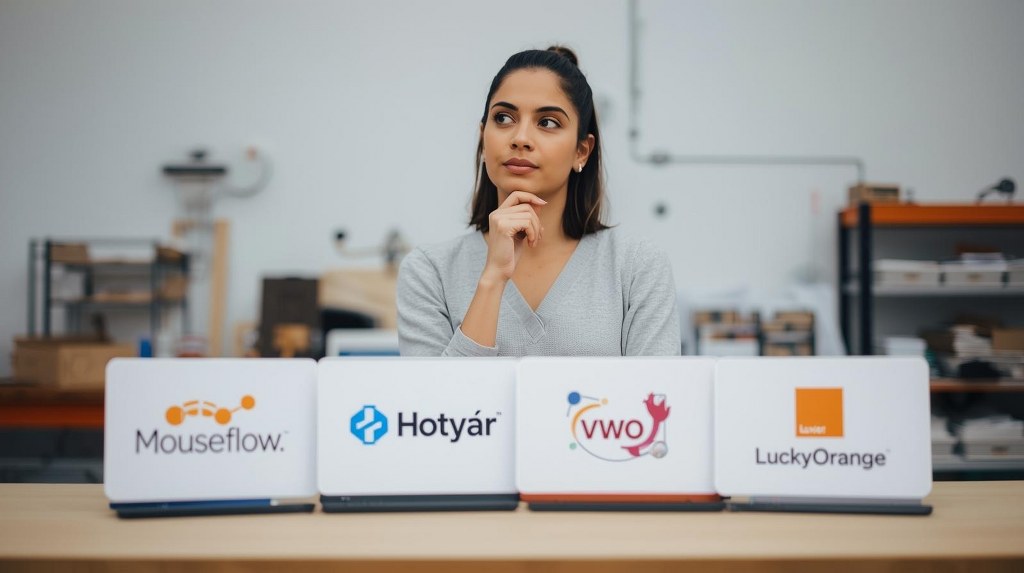 Woman thinking while heatmap tool logos infront of her.