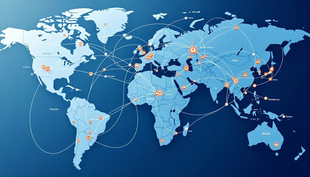 Illustration of a world map showing interconnected lines and icons representing global network connections, cybersecurity, and data exchange across continents.