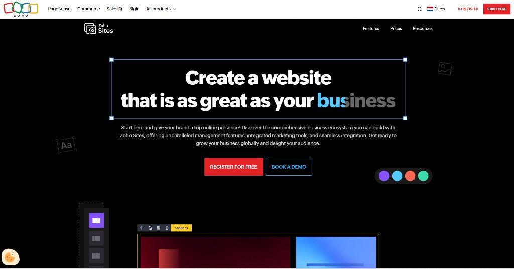 Zoho Sites homepage.