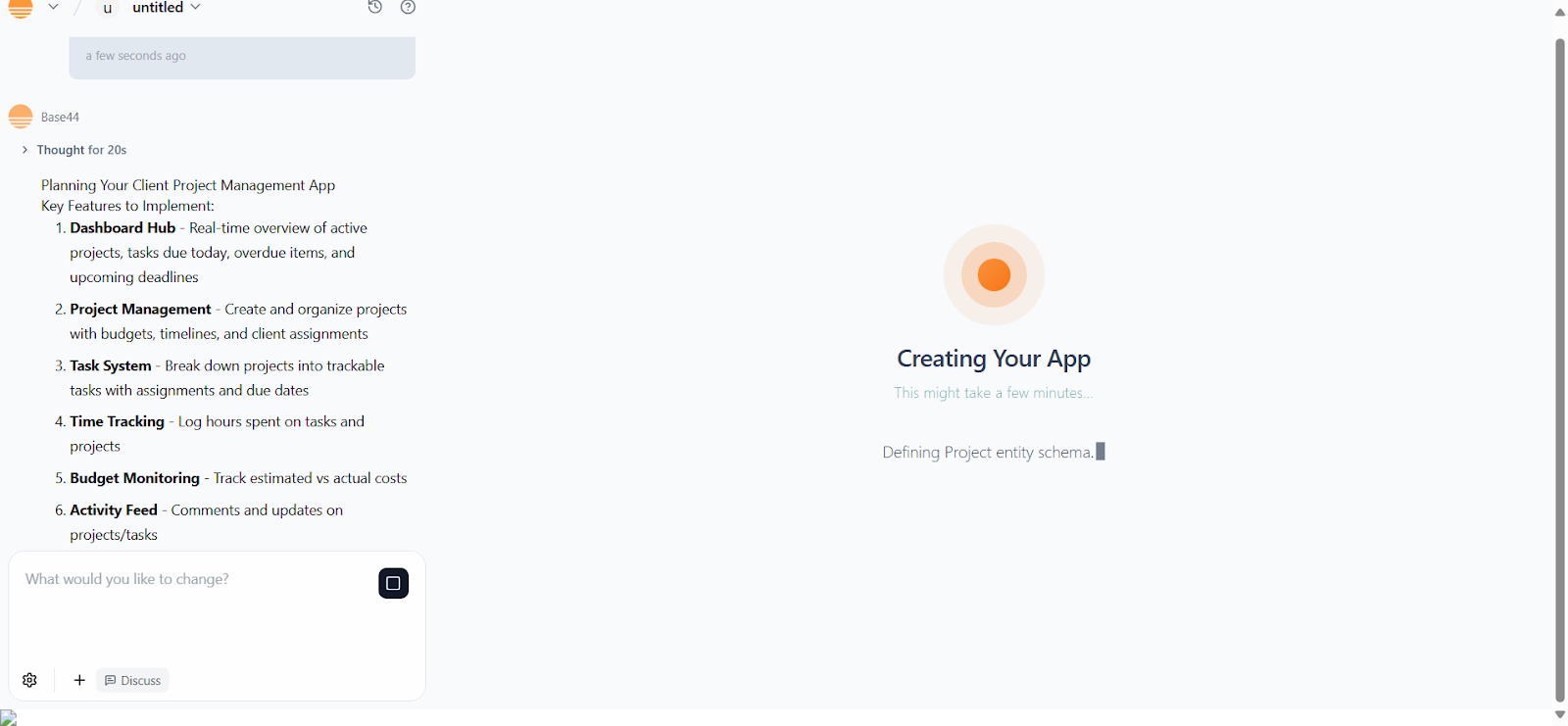 Base44 planning and reasoning panel during app generation