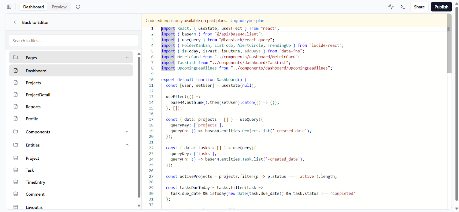 Base44 generated project code preview