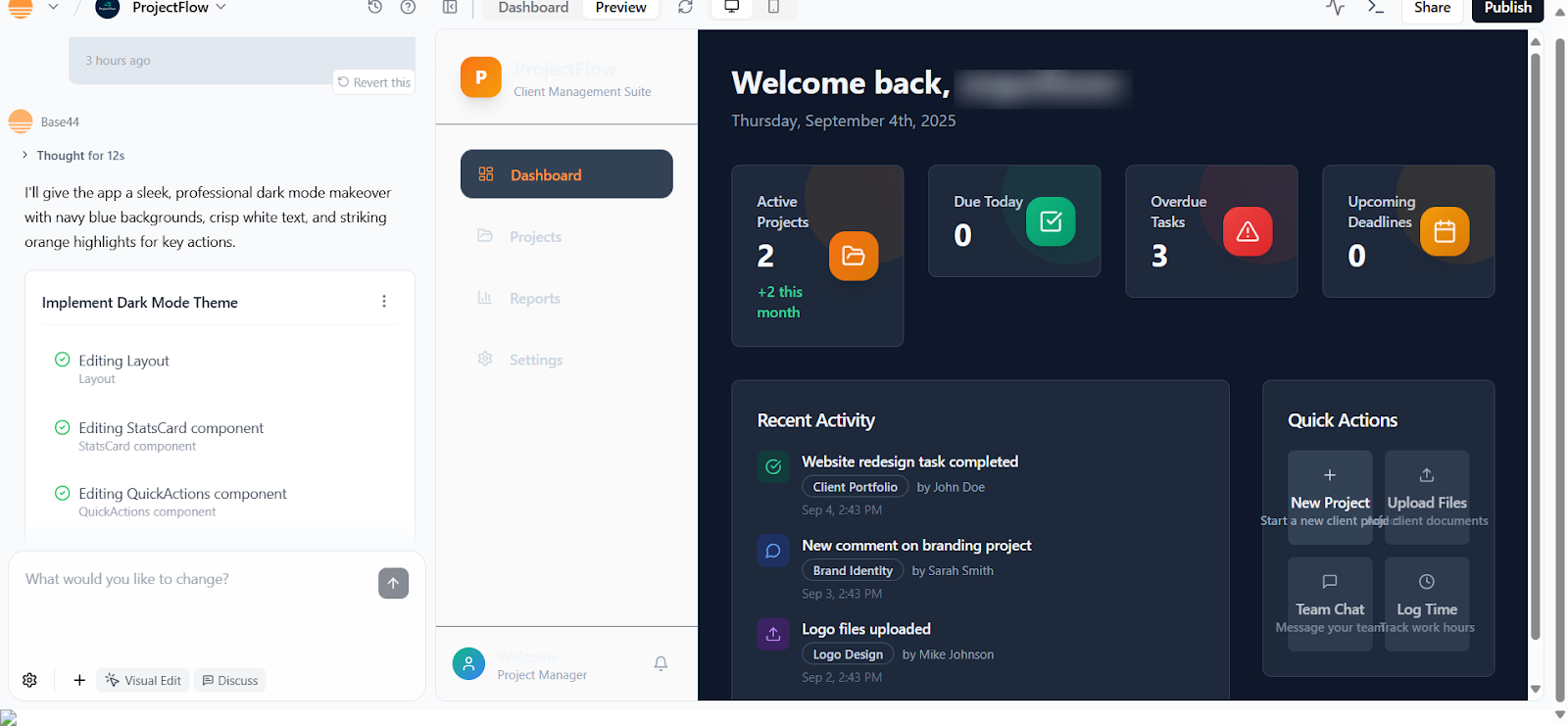 Base44 dark mode and global theme changes