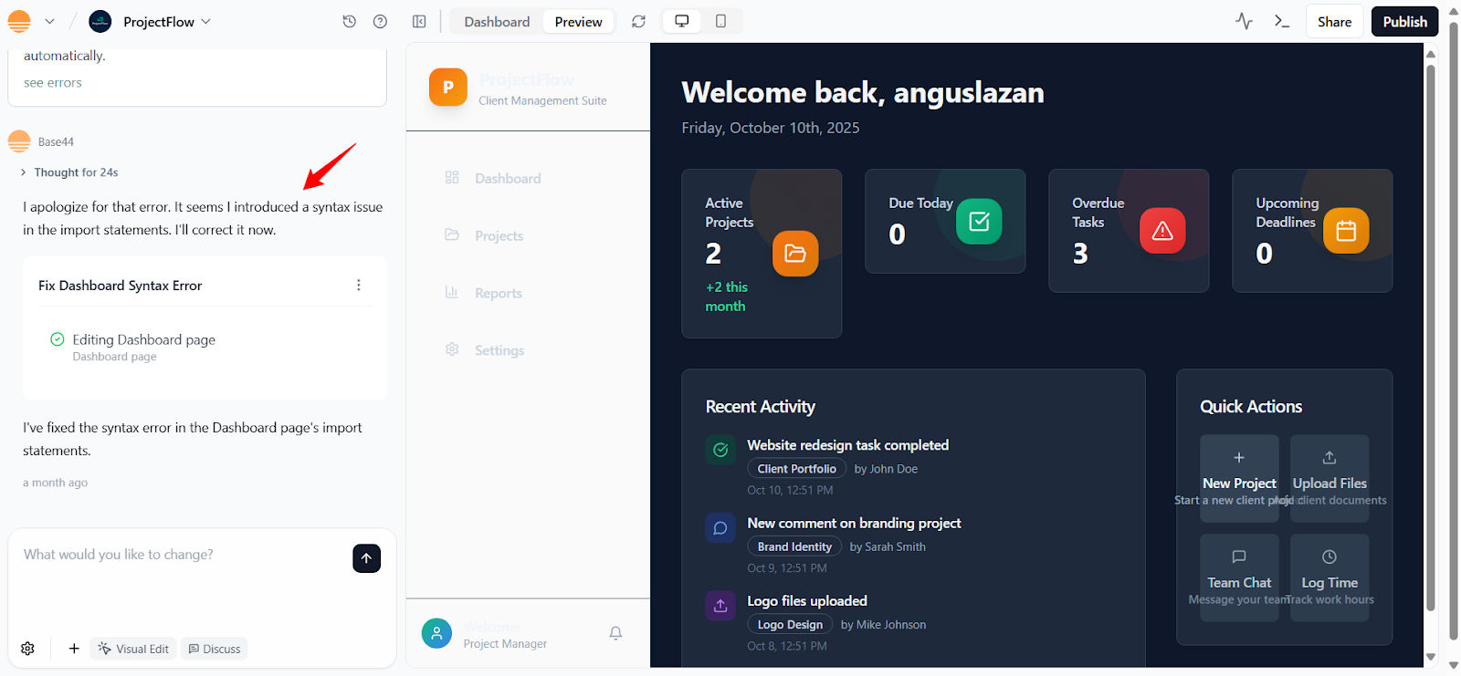 Base44 preview, activity monitor, and logs
