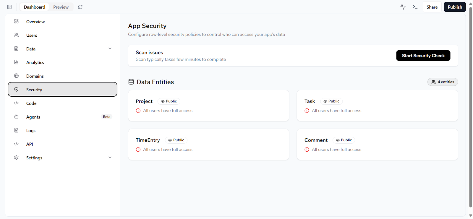 Base44 automated security scan prior to publishing