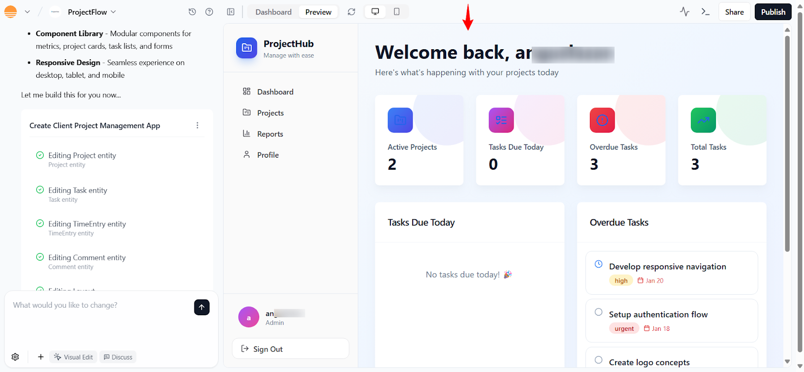Base44 ProjectFlow dashboard with KPIs and activity feed