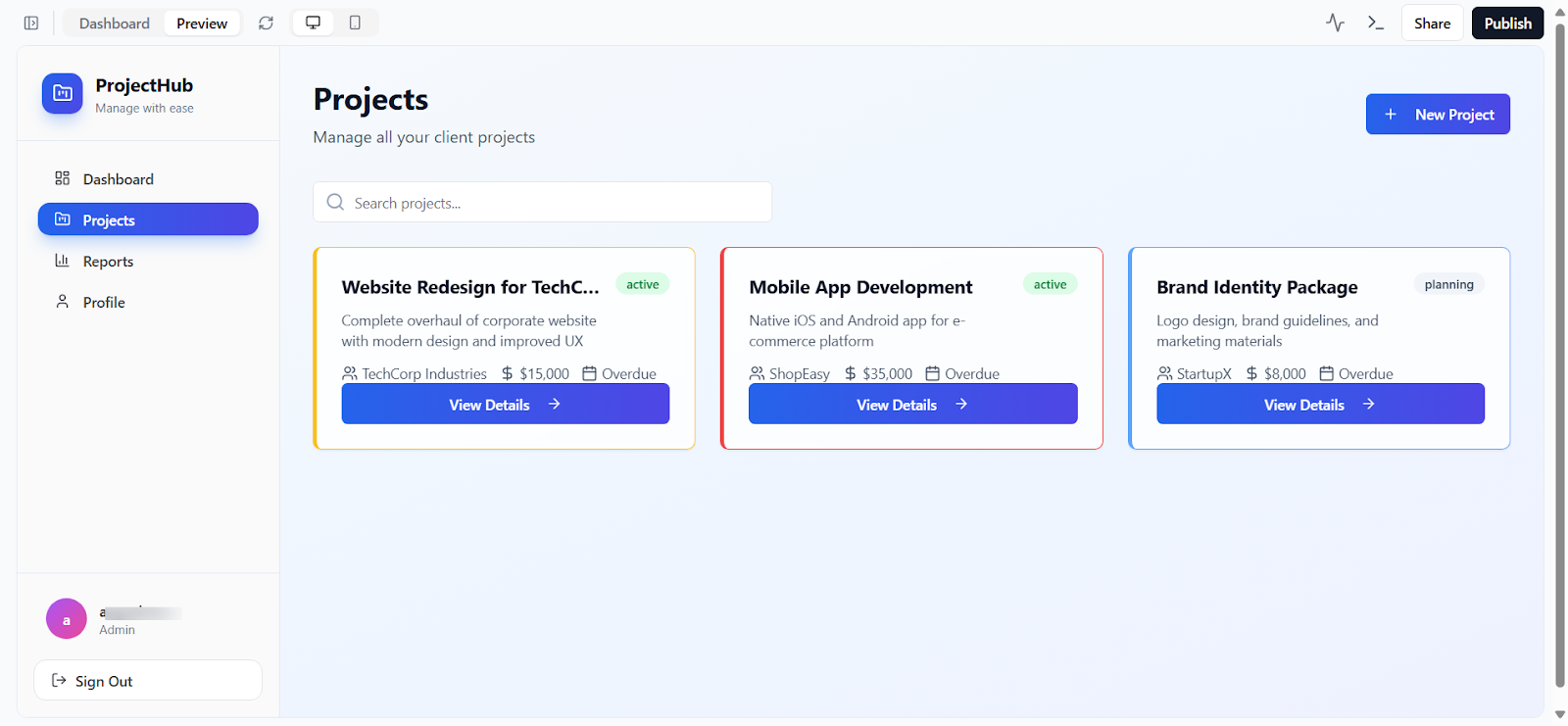 Base44 Projects page with realistic sample data