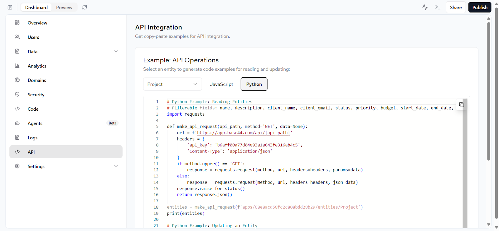 Base44 backend dashboard with data models and API explorer