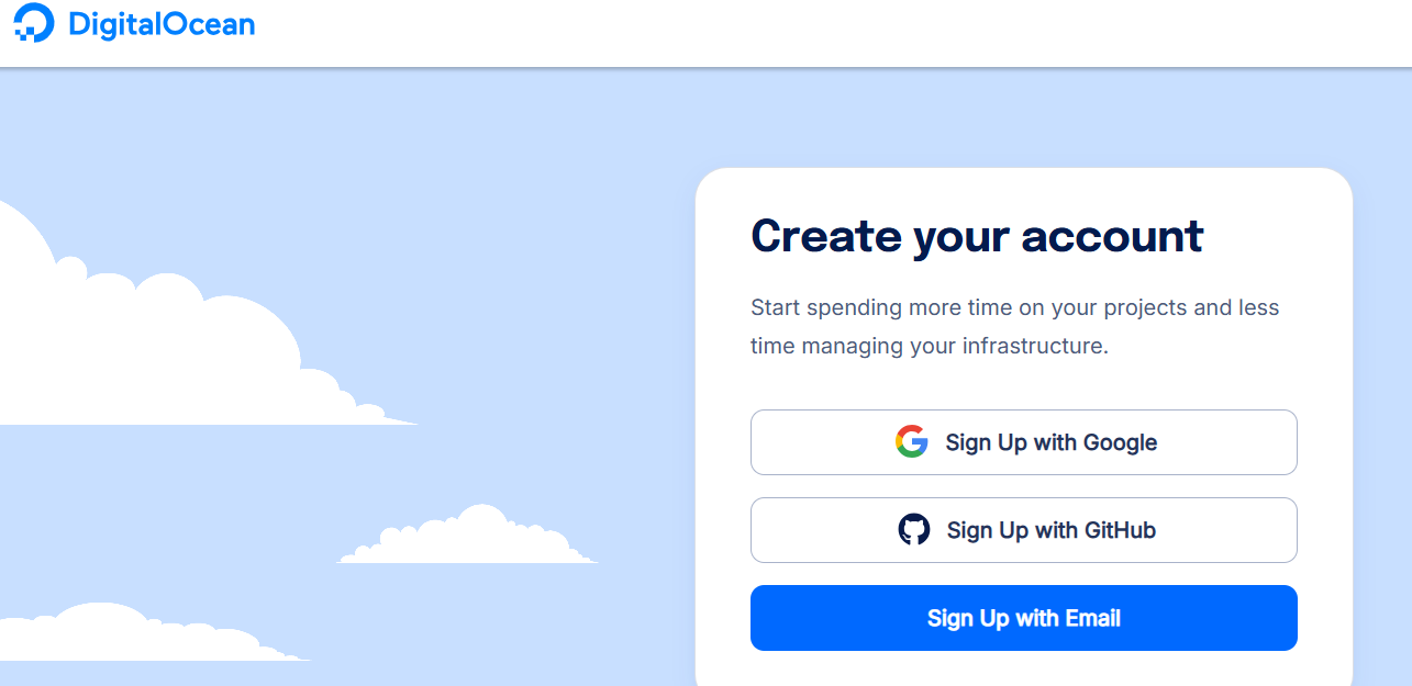 DigitalOcean coupons step 2 – signup options with Google, GitHub, or email