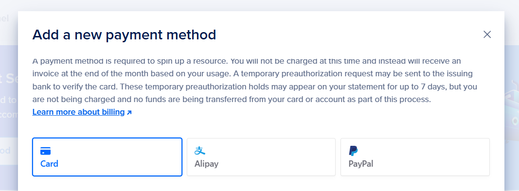DigitalOcean coupons step 3 – add and verify payment method (Card, Alipay, PayPal)