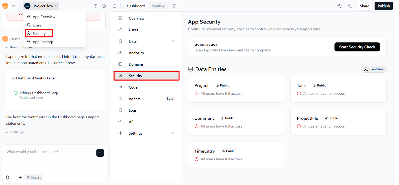 Base44 security scan screen