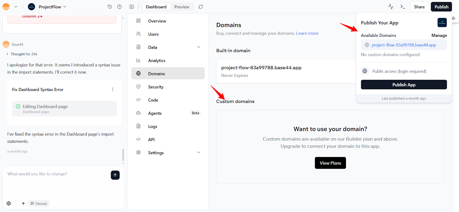 Base44 publish flow screen