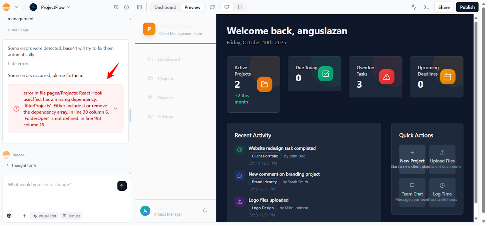 Base44 automatic fix React hook