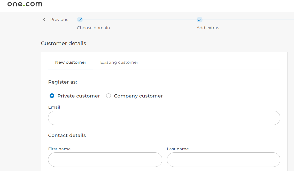 One.com account registration form during checkout