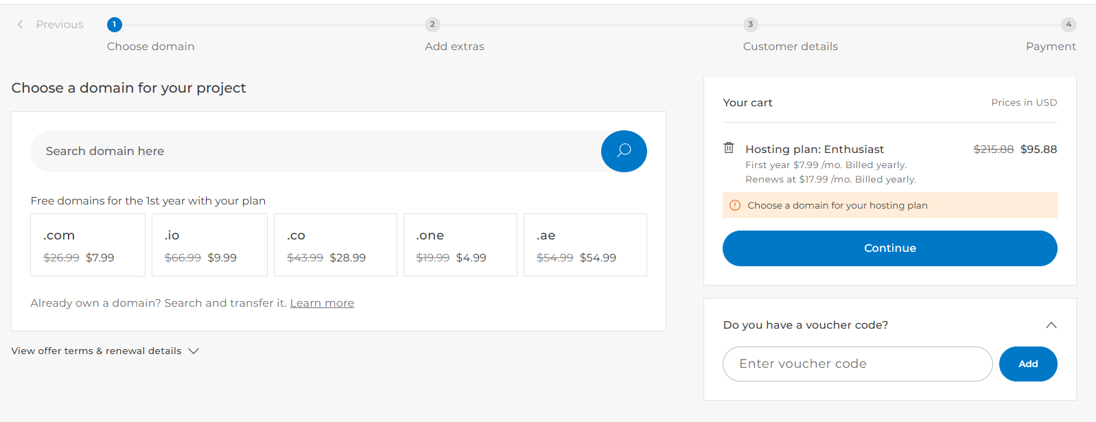 One.com cart with voucher code applied and discounted total shown