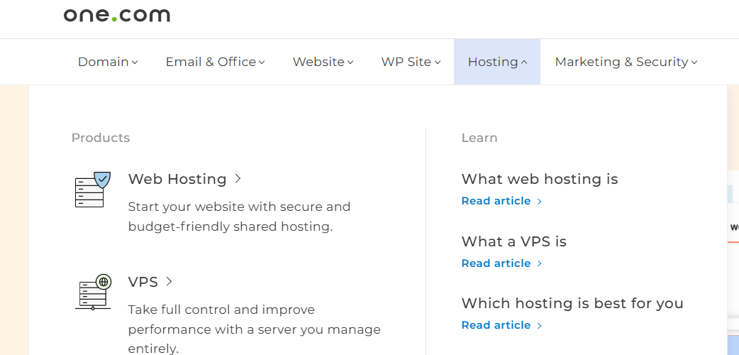 One.com top bar menu with Hosting and Web Hosting options