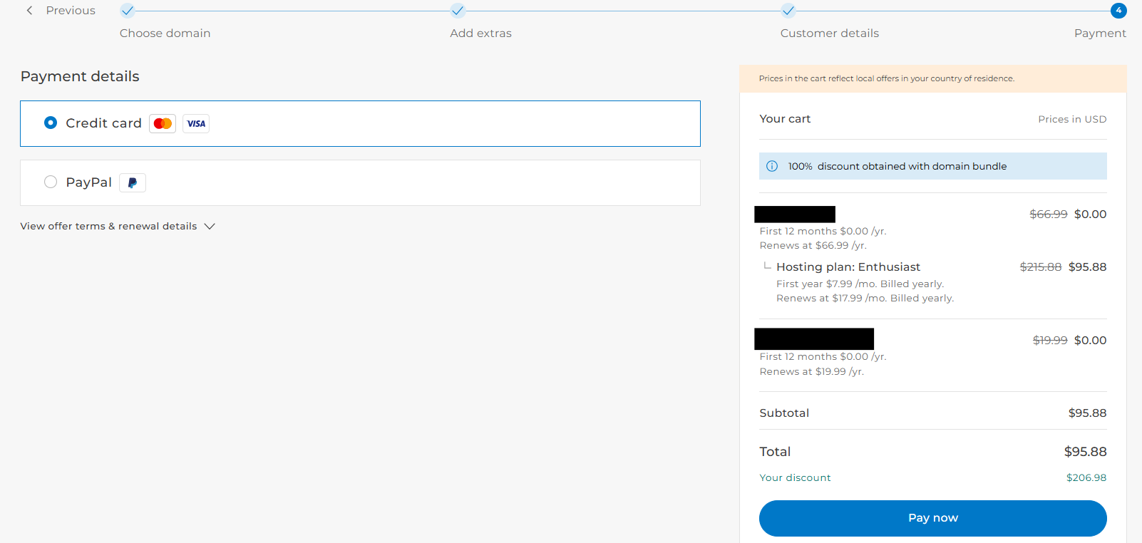 Final One.com checkout step with payment methods and Submit Payment button