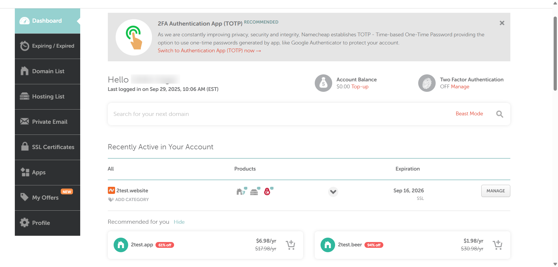 Namecheap Dashboard
