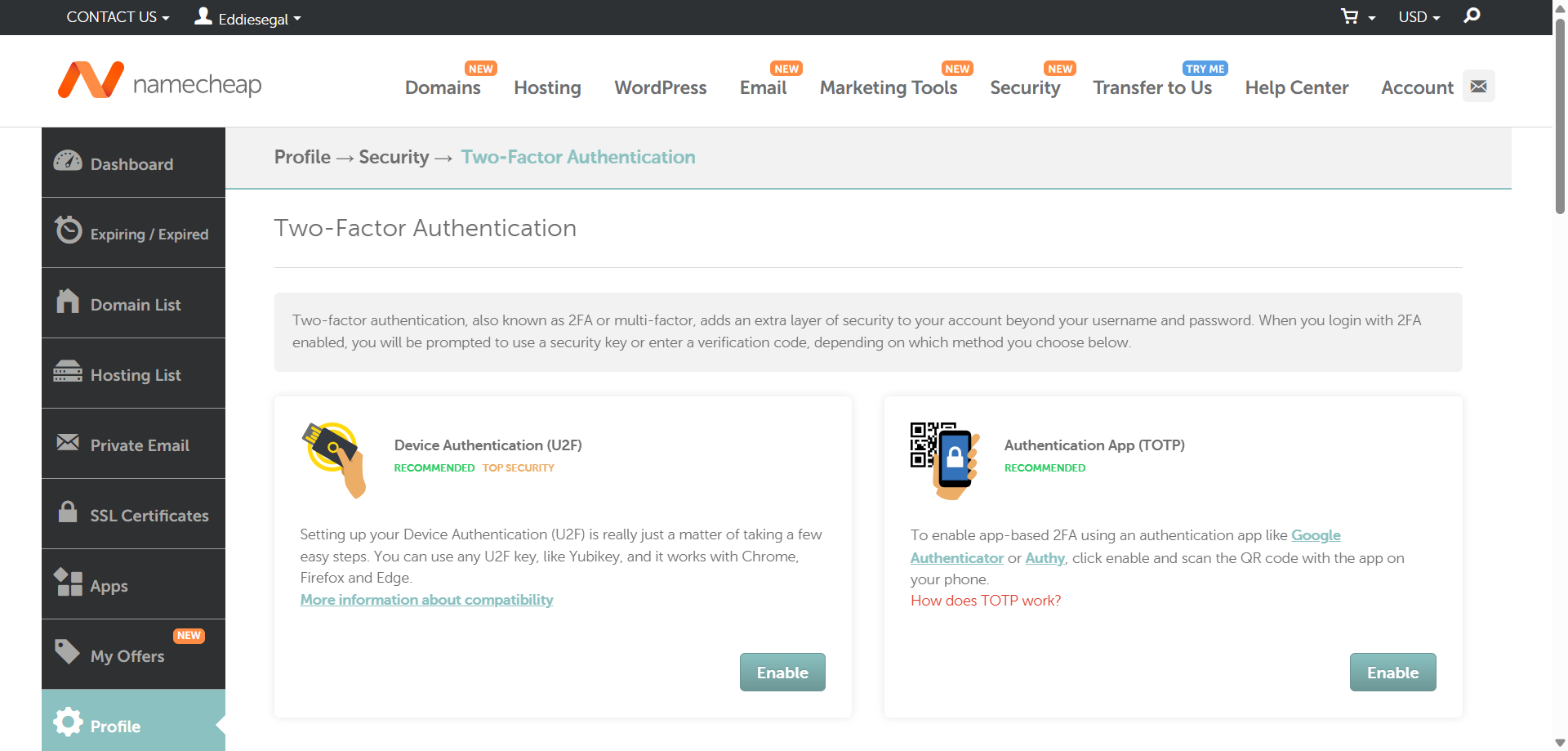 Namecheap Secutity menu