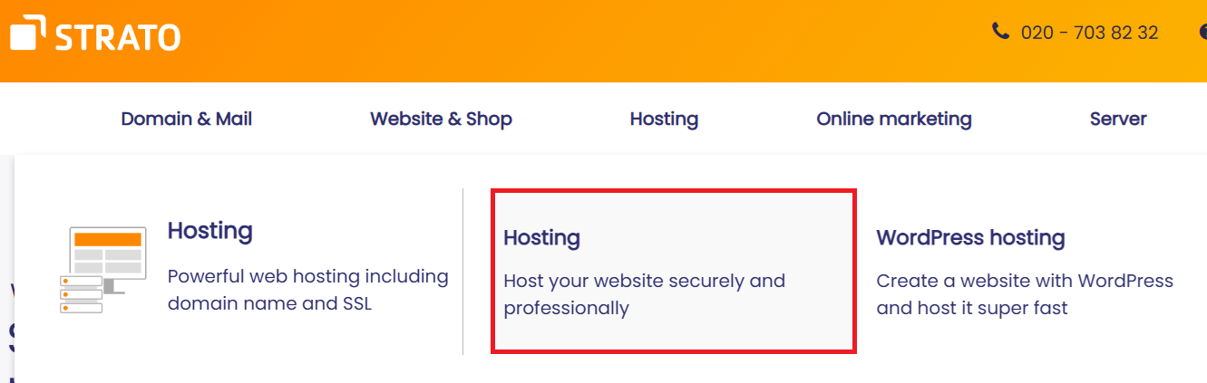 Strato homepage Hosting menu and categories