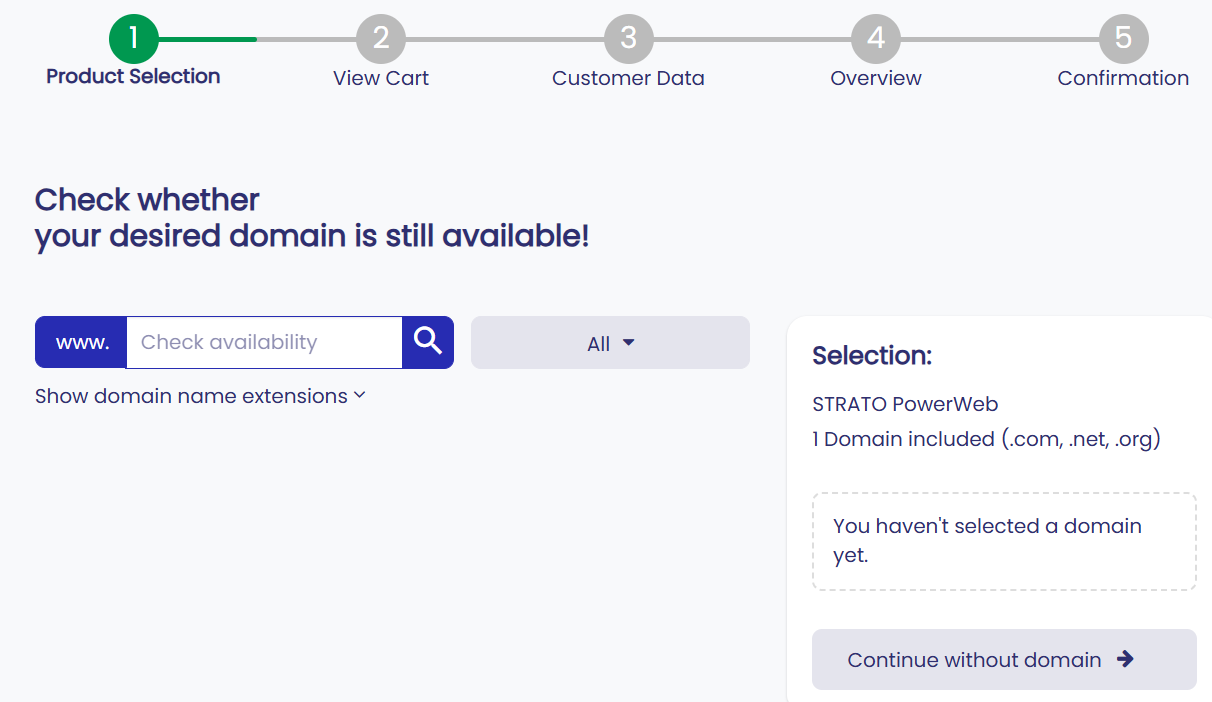 Strato domain search and availability screen
