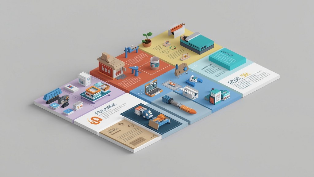 3D mockup of an infographic composed of various icons and graphics.